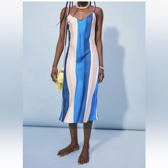 H&M X Lemlem Vertical Stripe Blue, Cream Blogger Favourite Slip Dress - Picture 1 of 9